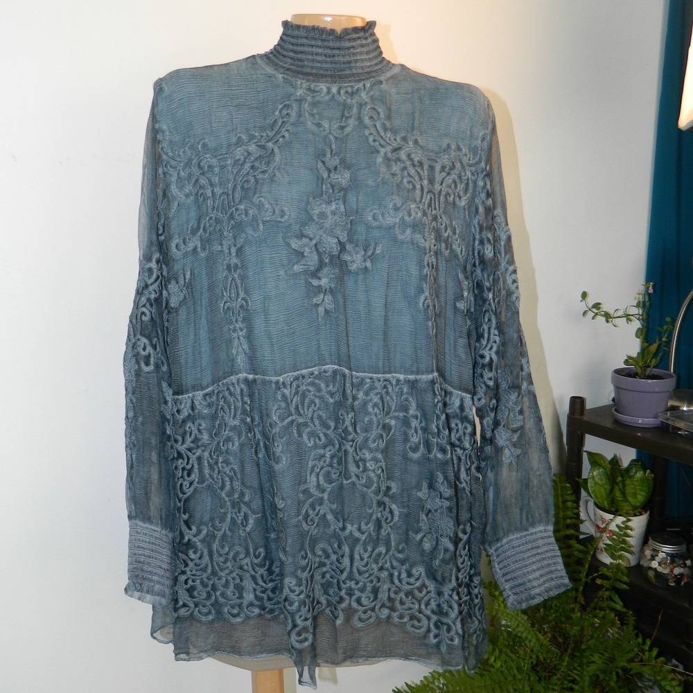 Soft Surroundings Blouse Women 1X Blue Silk Embroidered Smocked Mock Neck